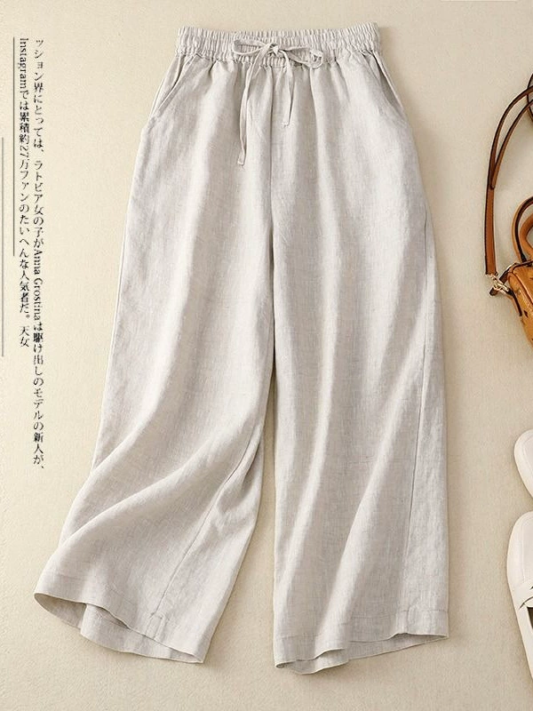 Женские летние однотонные повседневные брюки с эластичной резинкой на талии, свободные универсальные хлопковые льняные укороченные широкие брюки в художественном стиле в стиле ретро