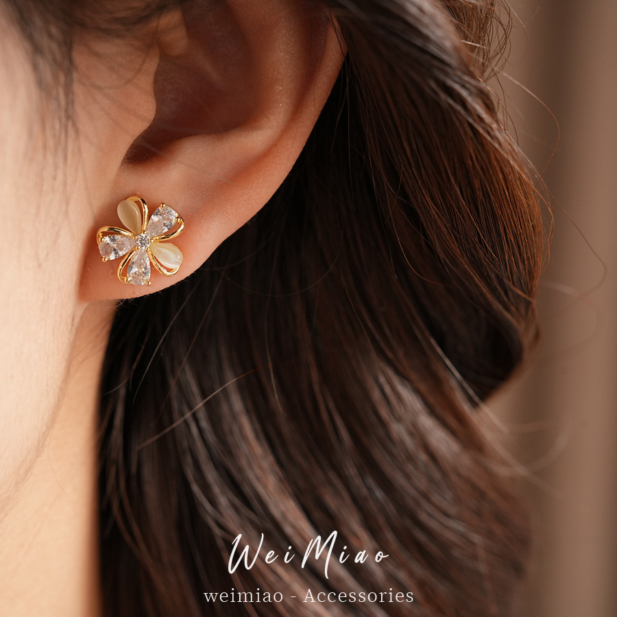 18k oro real chapado agujas de plata zircon piedra de ojo de gato pernos de flores delicados pendientes de aretes de lujo ligero de alto nivel image 5