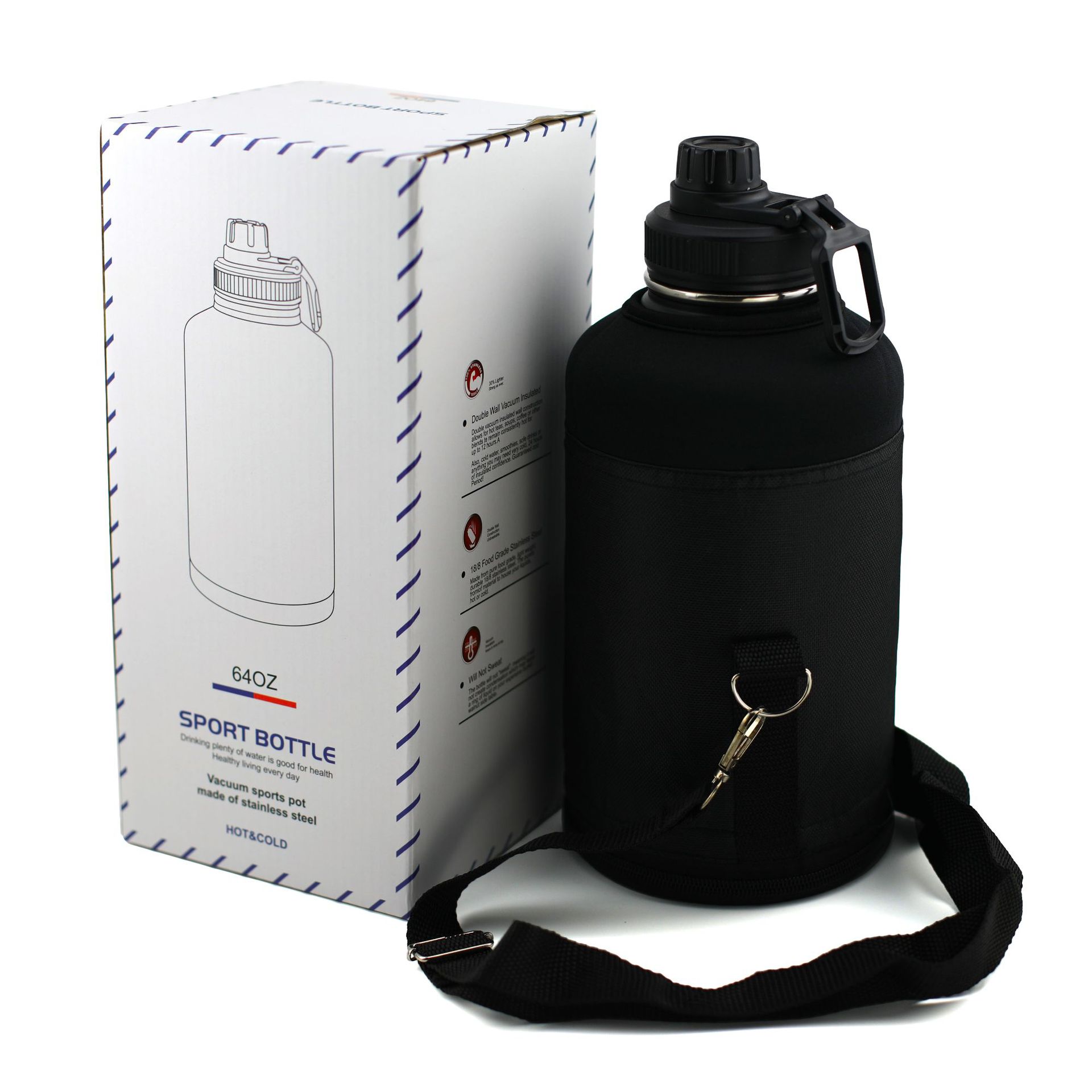 Botella de agua deportiva de gran capacidad para exteriores, estilo americano, 64 oz, doble capa, aislada, de acero inoxidable 304.