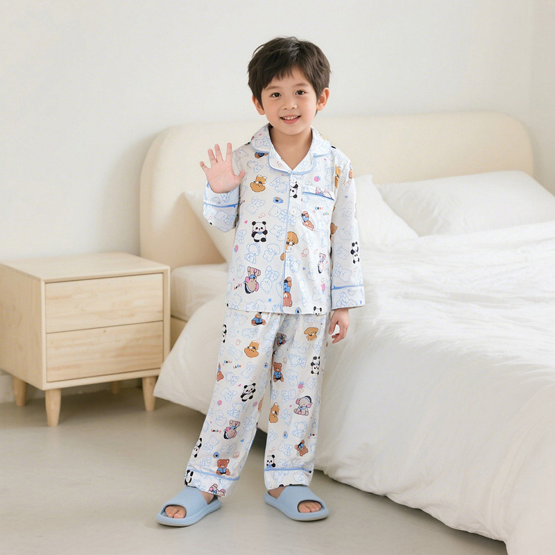 新款纯棉儿童长袖家居服男童女童翻领睡衣中大童春秋款家居服套装|undefined