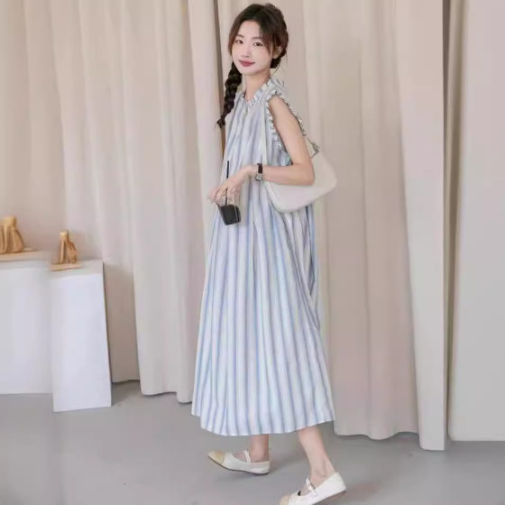 Summer Cool Breathable Pregnant Women's Skirt Japanese Style Artistic Loose plus size Striped Dress Top Sleeveless
