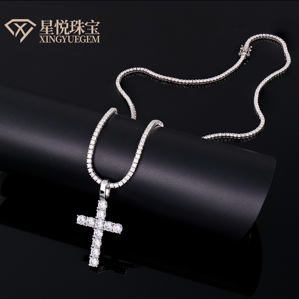 2025 New Cross-Border Jewelry S925 Silver Cross Necklace Inlaid with Moissanite High-End Niche Necklace Boys Pendant
