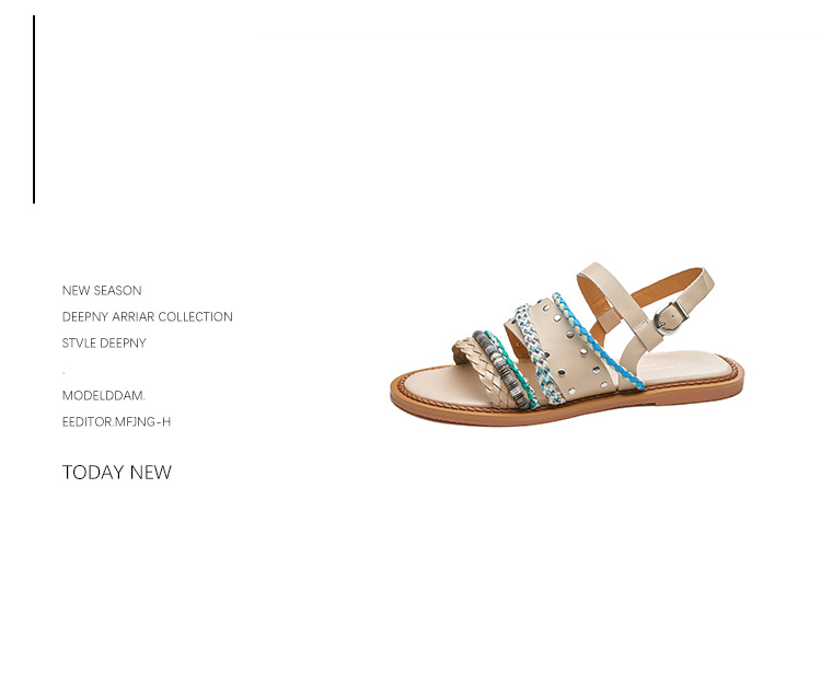 Dép sandal nữ quai ngang đế bằng da bò dệt phối màu, kiểu La Mã hở mũi — đen chi tiết 11