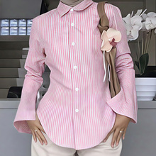 跨境秋季欧美亚马逊新款时尚休闲百搭V领条纹长袖衬衫上衣女代发
