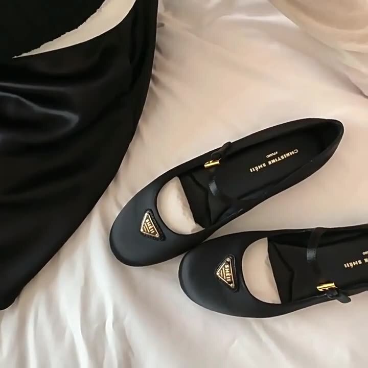 Sheepskin Version ~ Triangle Buckle Genuine Leather Soft Bottom Mary Jane Shoes Women's Buckle Flat Shoes Ballet Shoes