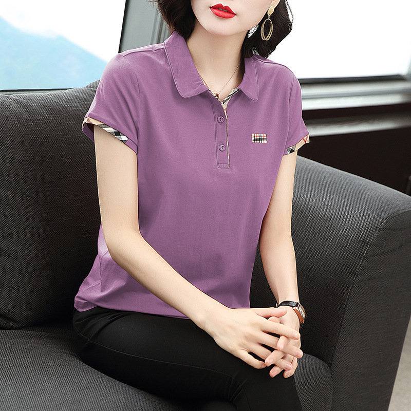 妈妈纯棉短袖翻领T恤夏京东中年女士polo衫外贸带领上衣