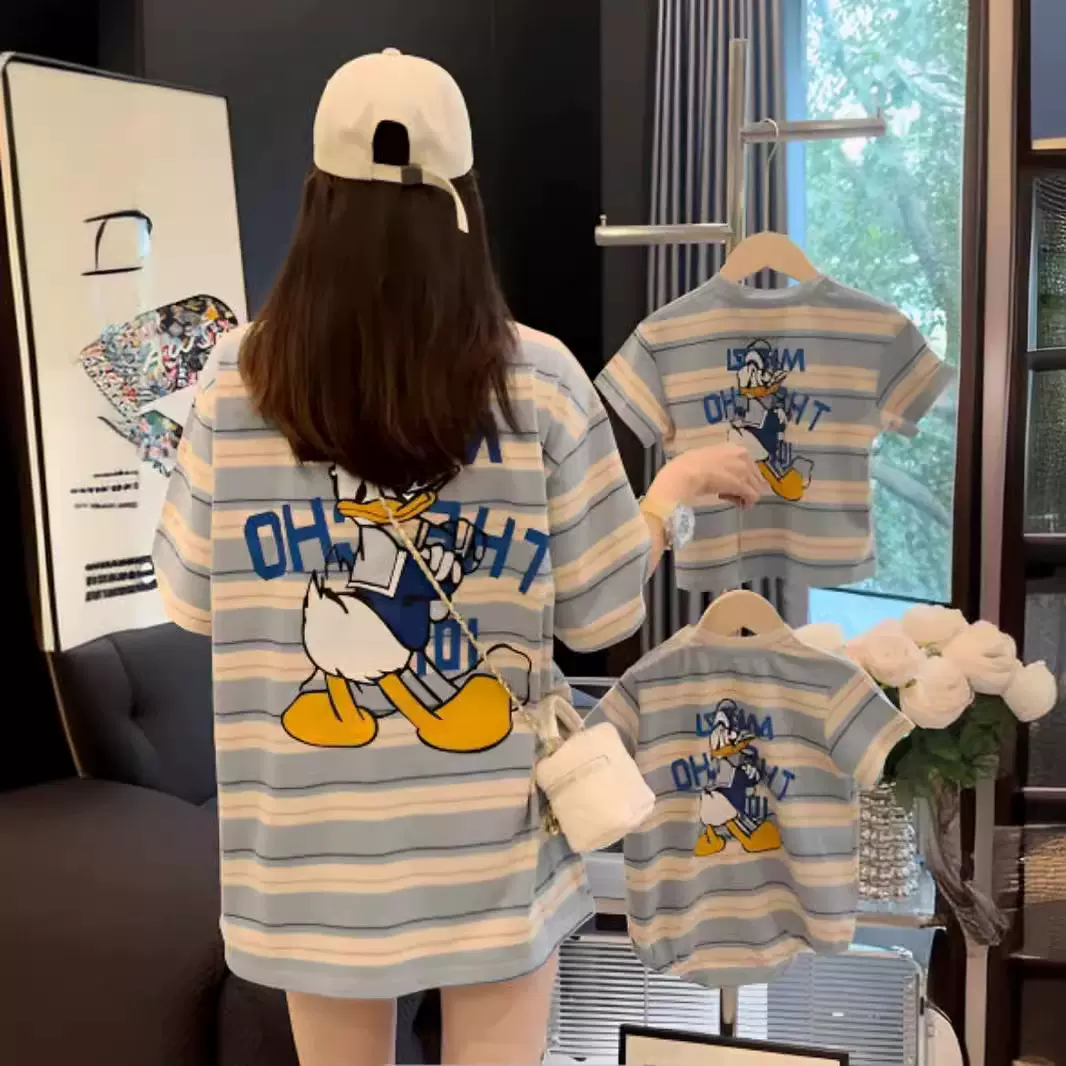 亲子装2025夏季新款字母印花上衣设计感宽松T恤短袖一家三口批发