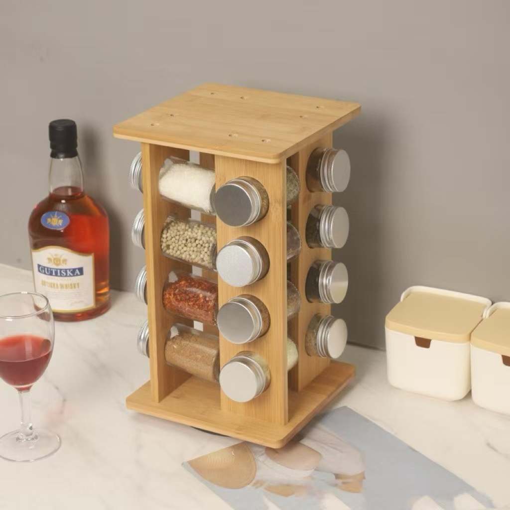 Estante de escritorio de madera de stock Estante de condimento multicapa de cocina Estante de almacenamiento de especias giratorio de bambú de doble capa