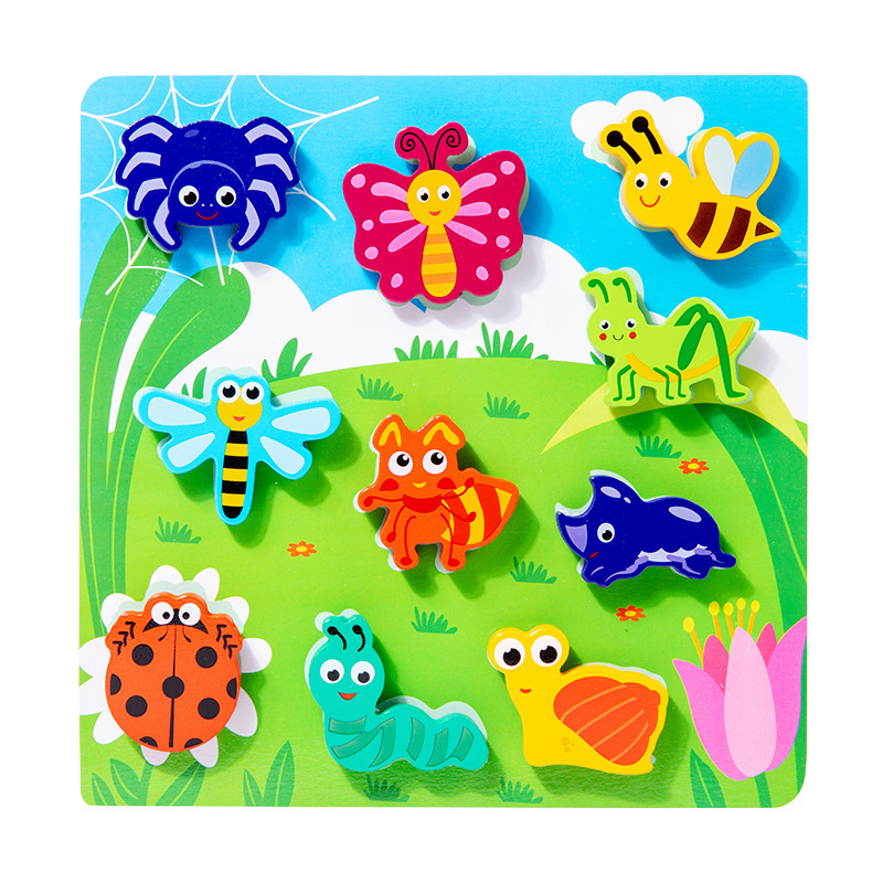 Jardín de infantes iluminación cognitiva infantil dibujos animados cognición animal agarrar tablero de madera puzzle tridimensional juguetes de madera image 11