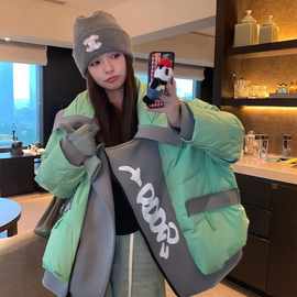 绿色时尚拼色短款羽绒服女冬2025新款小个子韩版宽松休闲鸭绒外套