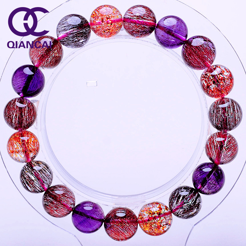 Super Seven Bracelet Natural Crystal for Women Genuine Purple Rutilated Quartz Gold Strawberry Mica Slice Triple Helix Treasure Bowl Women's Model