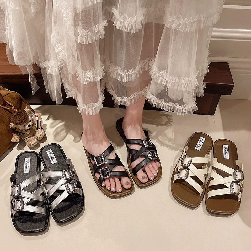 2025 новые летние модные универсальные плоские тапочки для женщин, римские сандалии с перекрестными ремешками, пляжная обувь