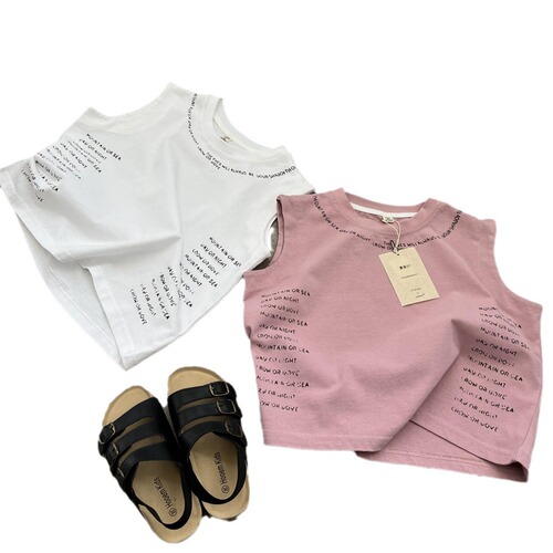 2024 Summer Loose American Letter Tank Top for Boys and Girls, Bright Color Round Neck Trendy Cool No Sleeve Linen Cotton T-Shirt
