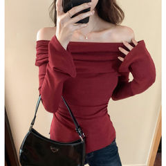 紅色一字肩長袖T恤女秋季高級感氣質修身顯瘦內搭打底衫純欲上衣