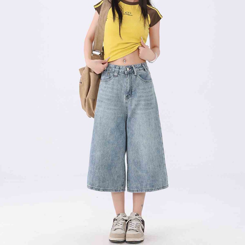 [5 colors optional] plus size light blue Cropped Denim Shorts Women's Summer chubby girl American-style Loose Slimming Straight Pants