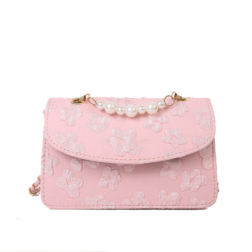 Summer new women's bag trendy fashion pearl handbag silk printed small square bag chain shoulder crossbody bag