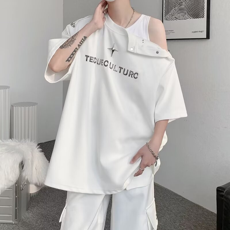 American High Street Style Deconstructed Metal Airplane Buckle Short-Sleeve T-Shirt for Men, Niche Design, Street Casual Loose Top for Summer American High Street Style Deconstructed Metal Airplane Buckle Short-Sleeve T-Shirt for Men, Niche Design, Street Casual Loose Top for Summer