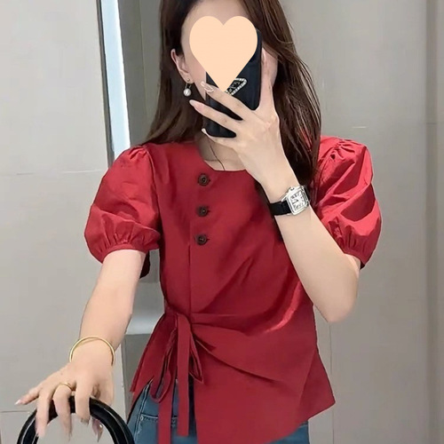 Women's Summer New Square Neck Tie Belt Fashion Casual Unstructured Bubble Sleeve Blouse