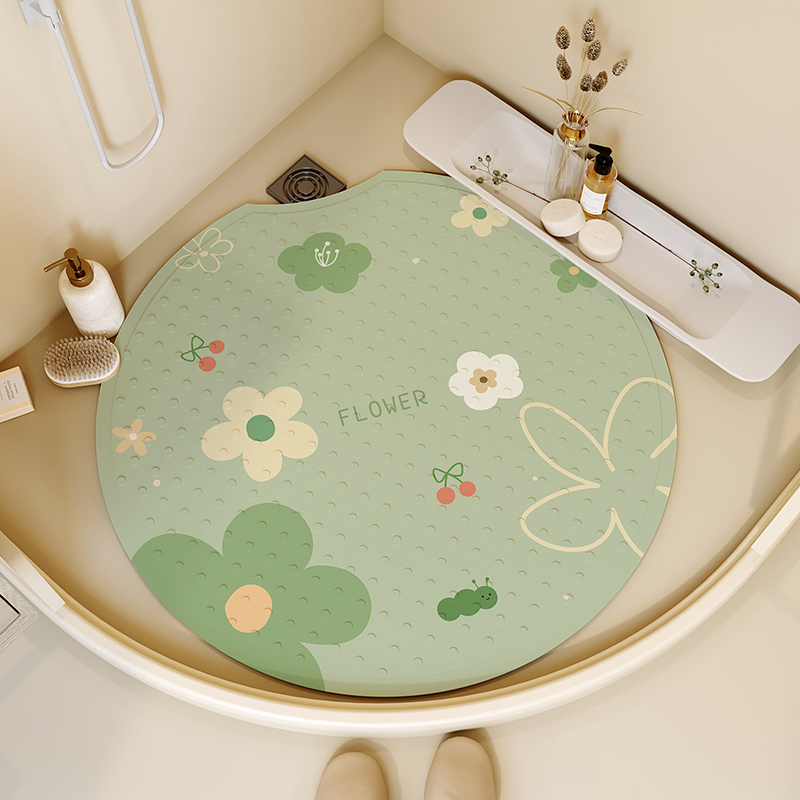 꽃무늬 밀크 그린 욕실 미끄럼 방지 매트 - 노치가 있는 둥근 모양