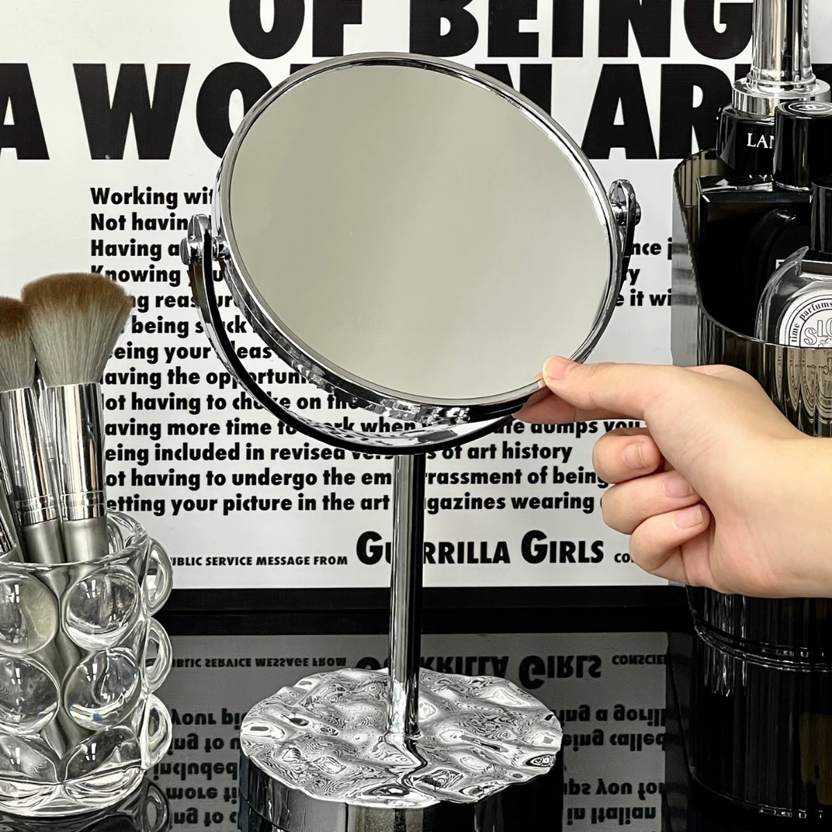Desktop rotating vanity mirror, double-sided portable makeup mirror, cream or silver