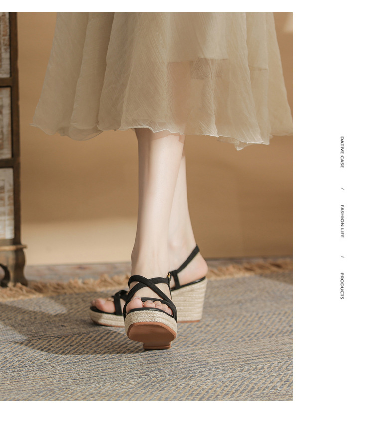 Sandal cao gót nữ hở mũi đế xuồng bọc dây thừng MJ90111 — màu đen chi tiết 18