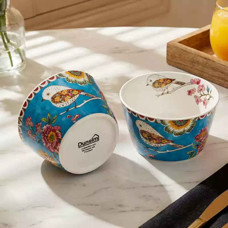 Blue Floral and Bird-Themed Niche High-Value Rice Bowls, Soup Bowls, Snack Bowls, Cross-Border Wholesale Ceramic Tableware Rice Bowls