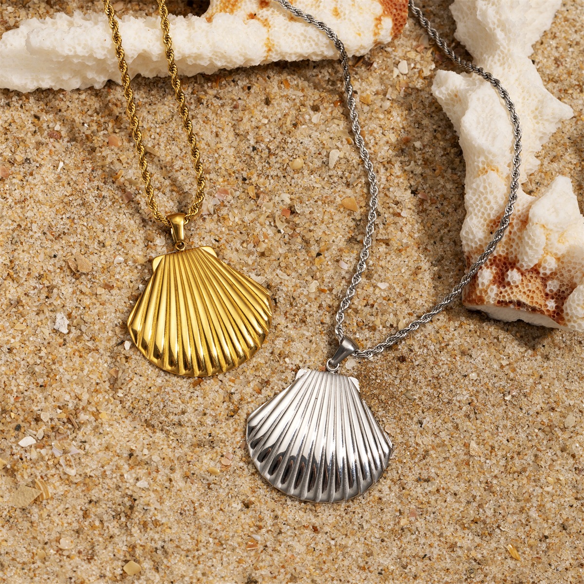 Taena europeo y americano collar de concha de acero inoxidable pendientes estilo océano diseño de moda sentido cadena de clavícula joyería en forma de abanico mujer