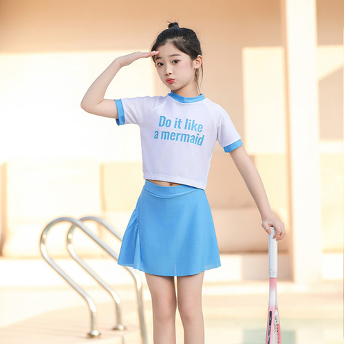 Children's swimming wear for girls, quick-drying split skirt-style swimsuit set for medium and large-sized children, cute hot spring sunscreen swimwear