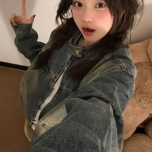 American retro washed distressed denim jacket for women autumn and winter 2024 new loose workwear jacket top ins trend