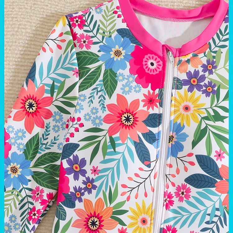 Mädchen-Badeanzug mit langen Ärmeln und Sonnenschutz, Rashguard mit Blumenmuster für größere Kinder, UPF 50+ Badebekleidung für Strand- und Poolurlaub_voghion.com