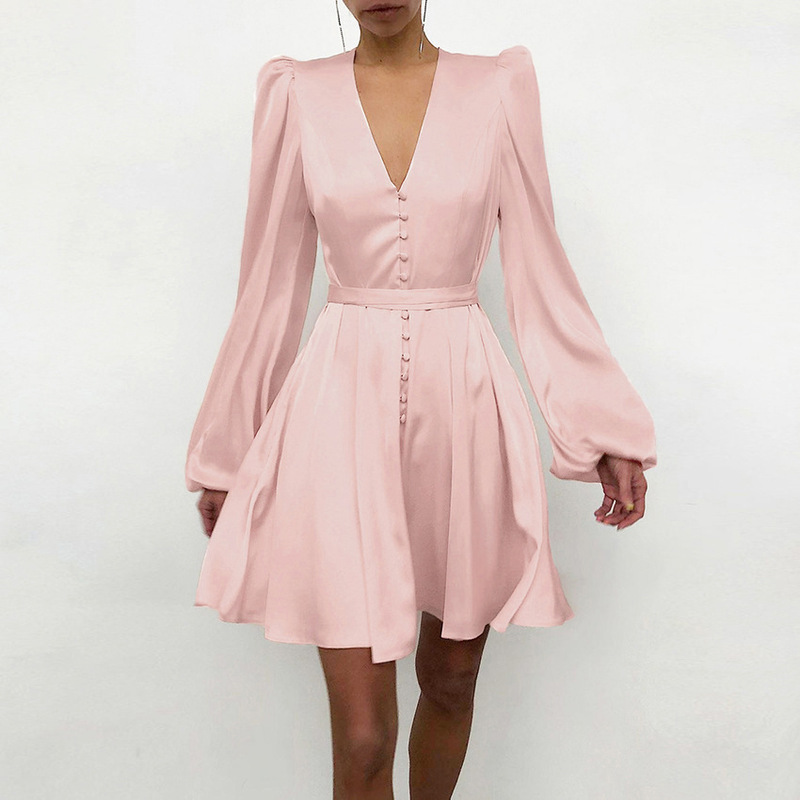 European and American New 2024 Short Satin V Neck Elegant Slim Dress Women's Short Skirt Export Long-Sleeved Autumn and Winter Clothing