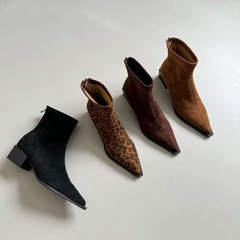 尖头粗跟弹力靴女秋冬加绒黑色绒面中跟显瘦套筒瘦瘦靴子时髦短靴