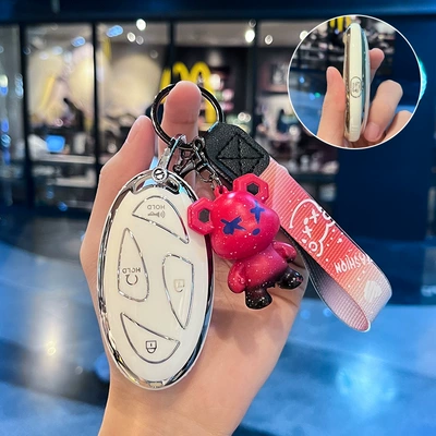 key case protective case – Car key bag - modern-o-model-smart-5-button-single-shell-white-red-violent-bear-pendant