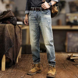 春夏新款赤耳丹宁百搭男士牛仔裤修身直筒美式高端潮牌小脚锥形裤