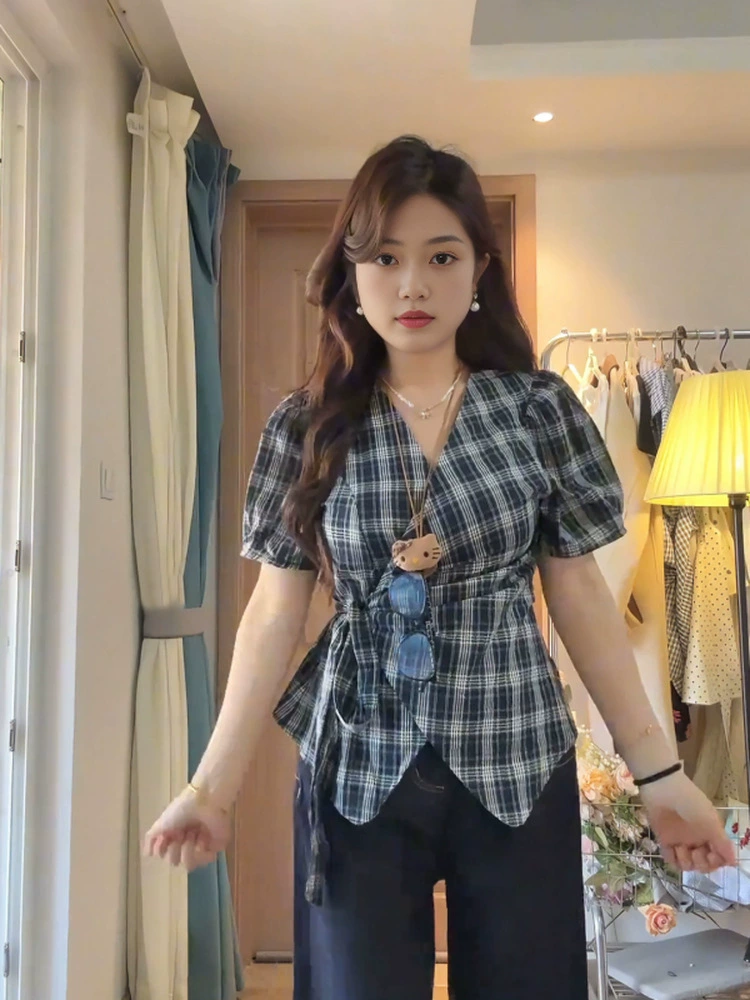 Женская летняя рубашка в клетку с короткими рукавами и воротником в Корейском стиле больших размеров, утягивающий топ на шнуровке на талии