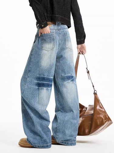 Decomposed Bamboo Joint Loose Bend Knife Jeans for Men and Women American Retro Wash Straight Leg Casual Pants