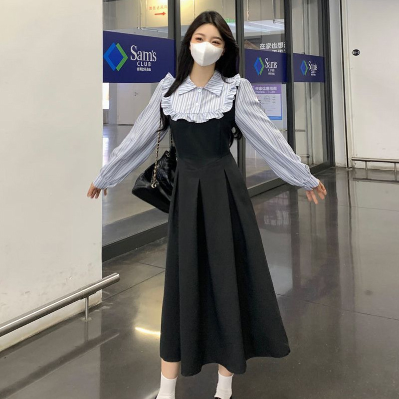 (2개) 플러스 사이즈 프랑스 가짜 투피스 원피스 여성 가을 헵번 스타일 우아한 작은 검은 원피스 통통녀 소외된 슬림 룩 원피스