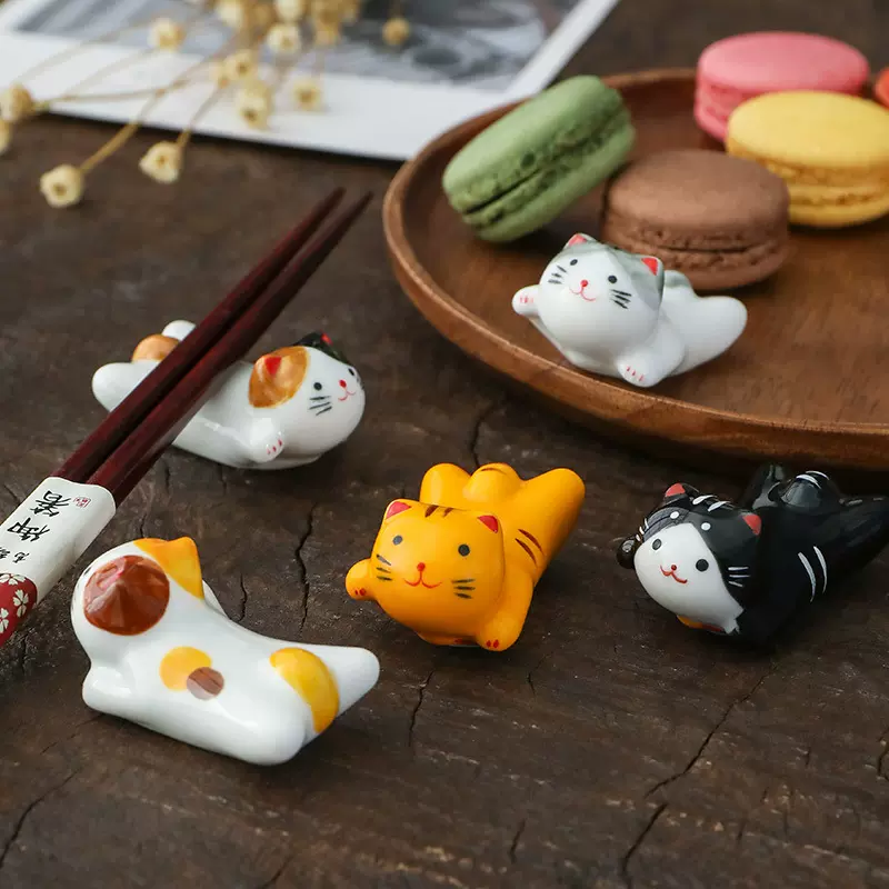 日式杂货 摆件日系可爱 套五系列飞天猫咪陶瓷工艺品 筷子架现货
