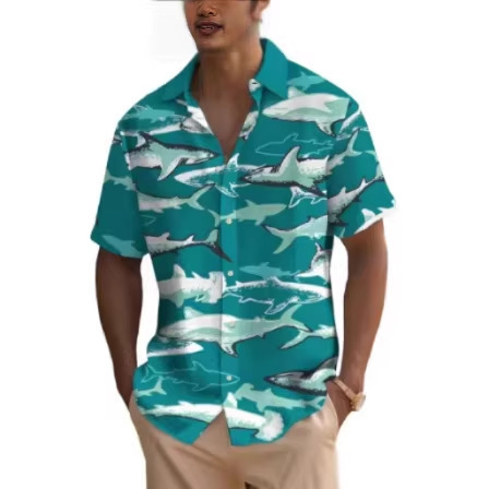 Hawaiian Shirt Men Shark Pattern Short Sleeve Shirt Casual Men's Streetwear Summer New Loose Tops