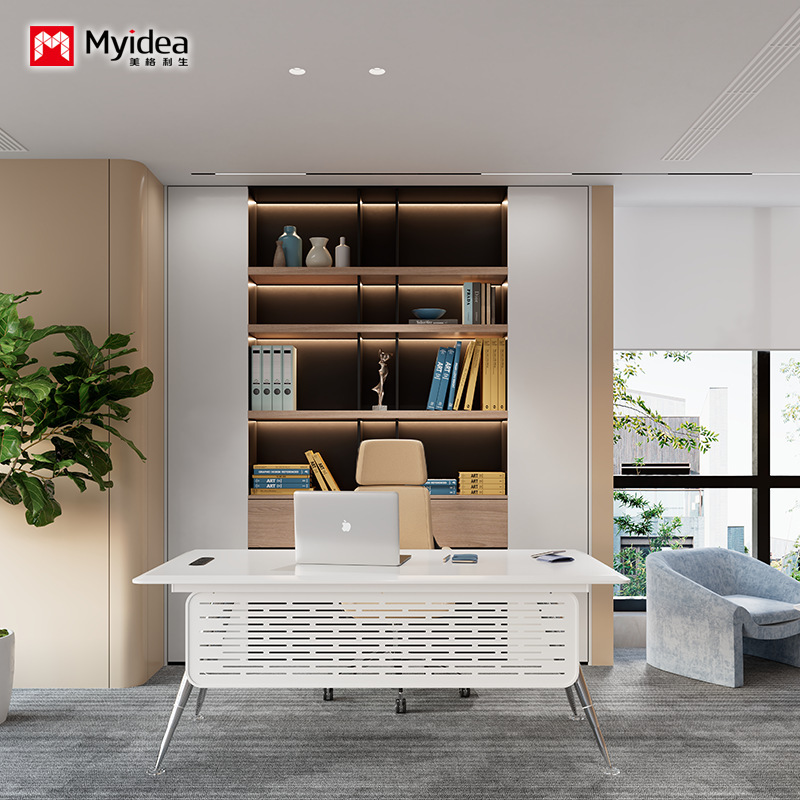 White Square Boss Table Skin Feeling Fabric Master Table Cream Style Simple Single Desk Table with Steel Feet