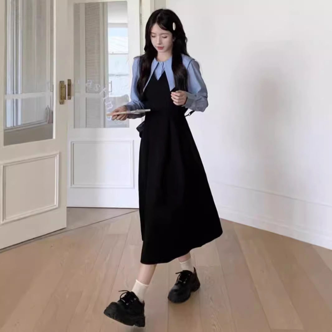 부드러운 아카데미 스타일 스티칭 작은 검은 원피스 여성용 봄 달콤한 인형 칼라 대조 컬러 바느질 허리 우아한 원피스