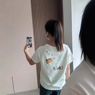 egg女款印花短袖休闲百搭白色T恤舒适时尚宽松洋气简约大方跨境