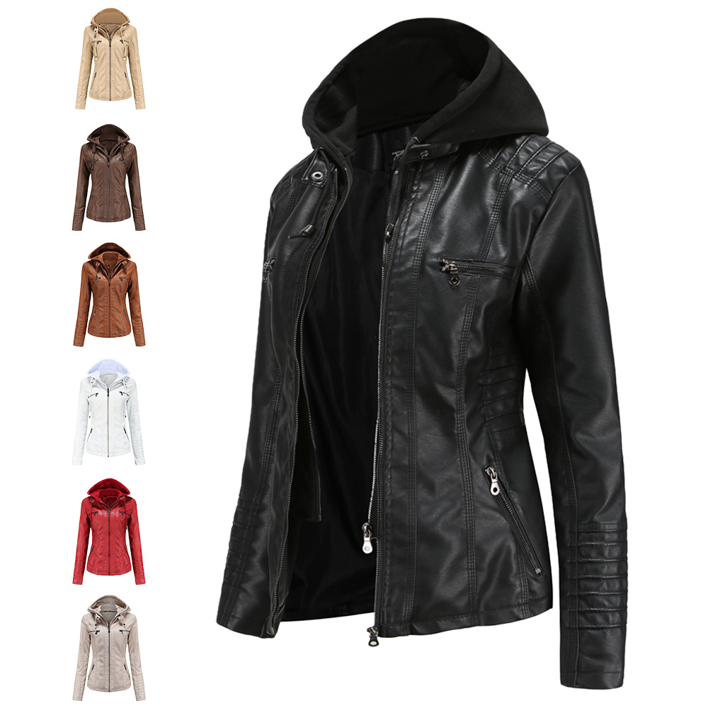 Detachable Hood Leather Short Women's High-End Cross-Border Autumn and Winter Outwear Women's Tight and Versatile Pu Washed Leather Jacket