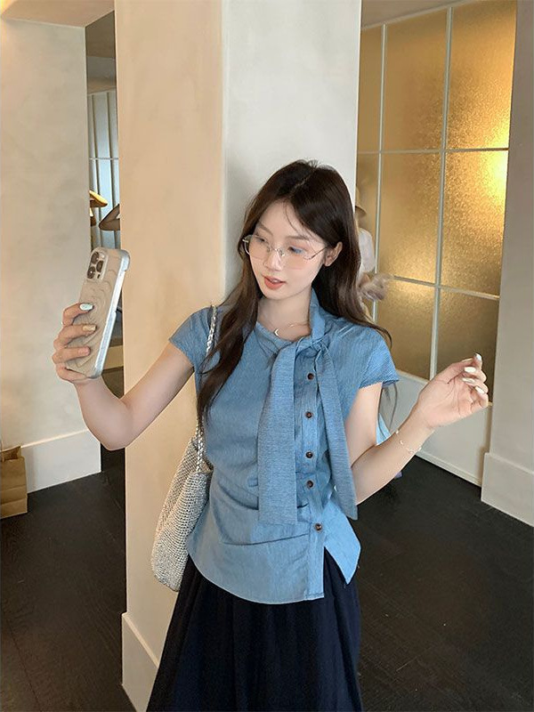 韩系条纹小飞袖飘带短袖衬衫女夏季设计感小衫不规则褶皱收腰上衣|undefined
