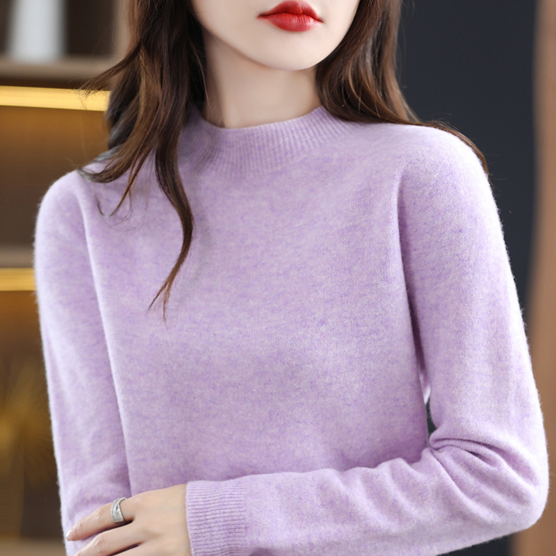 First-Line Garment Seamless Merino Wool Sweater Women's Pure Wool 23 Autumn and Winter Half-High Neck Loose Pullover Base Sweater