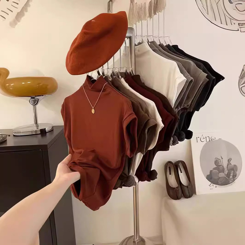 Shell Collar T-Shirt for Women, Slim Fit, Suitable for Wearing under a Suit, Plain Half-High Collar Top, Slimming and Form-Fitting Top