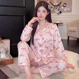 实拍 春秋季新款风甜美粉色蝴蝶结仿真丝卡通长袖家居服套装