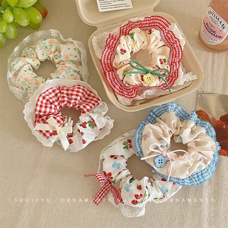 Pequeño fresco estilo retro flor triturada anillo de cabello adornamiento de cabello de niña corazón de cola de caballo intestino anillo de cabello temperamento encaje tocado