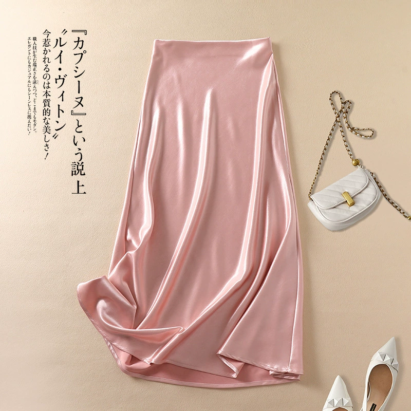 Юбка миди из жемчужного атласа с эластичной талией, глянцевая, из ацетата, летняя новинка, однотонная, маленькая юбка А-силуэта для женщин