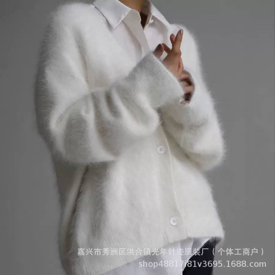 2025新款跨境仿貂针织开衫女欧美慵懒风设计感宽松气质V领毛衣女